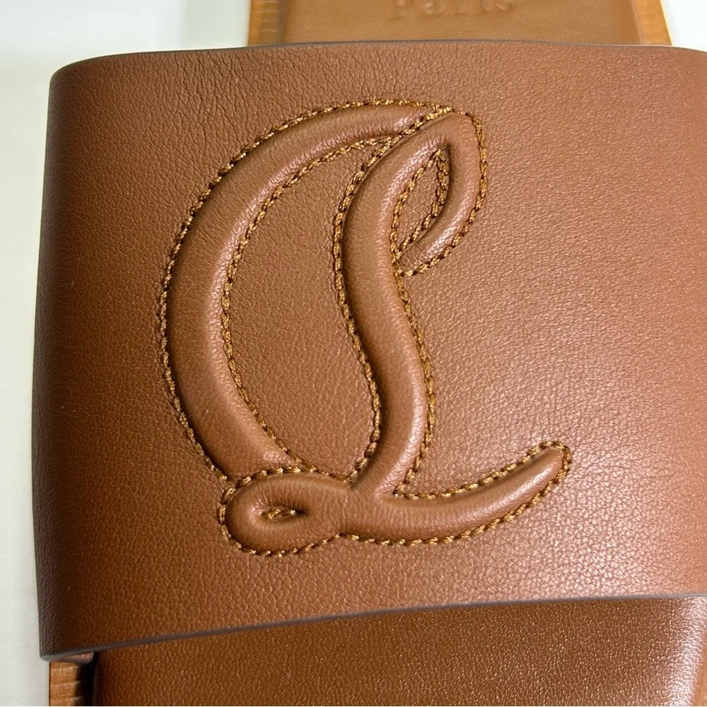 CHRISTIAN LOUBOUTIN CL MULE FLAT SANDAL EMBROIDERED LOGO BROWN LEATHER SZ 39 NEW - Picture 11 of 15